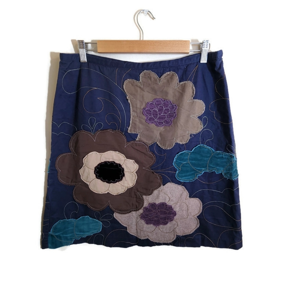 BODEN 100% Cotton Blue & Tan Multicolor Floral Print Pattern Circle Skirt 14R